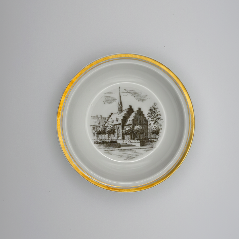 Royal Copenhagen 1971 plate overhead view showing architectural scene and gold rim