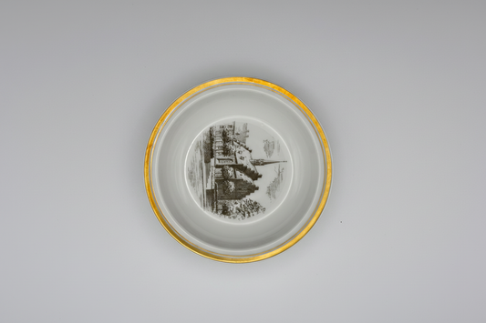 Royal Copenhagen 1971 plate overhead view showing architectural scene and gold rim