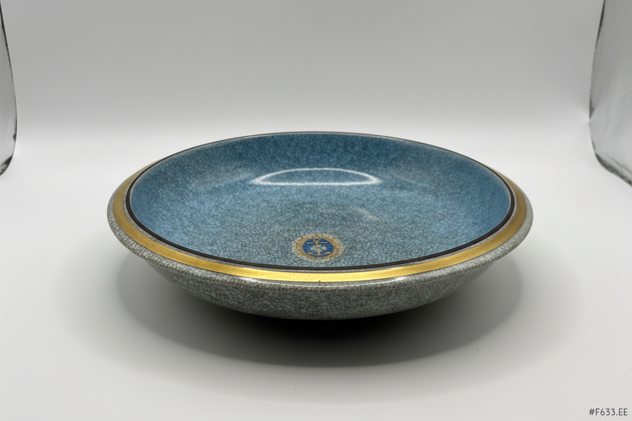 Crackle glaze ceramic dish with brass rim, overhead view showing blue-grey interior
