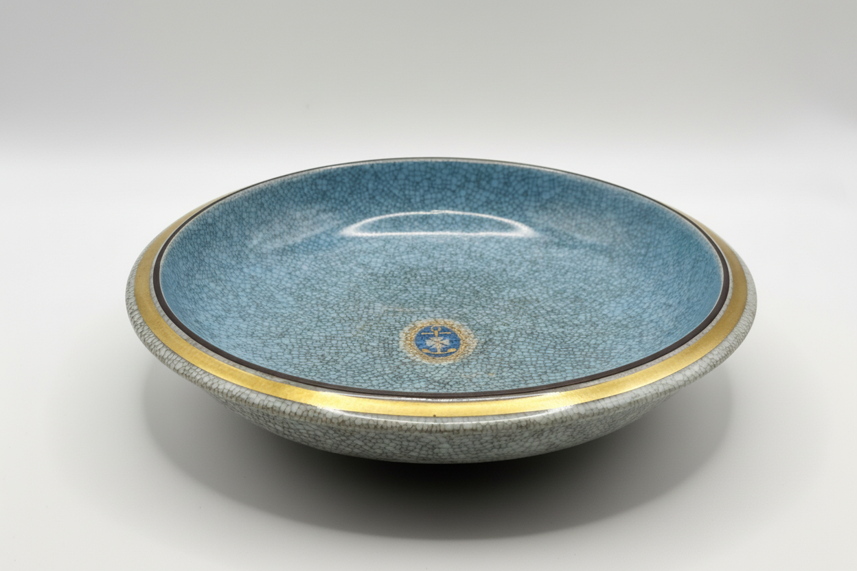 Crackle glaze ceramic dish with brass rim, overhead view showing blue-grey interior