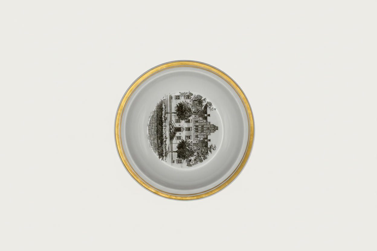 Royal Copenhagen plate overhead view showing Danish estate with trees and gold rim