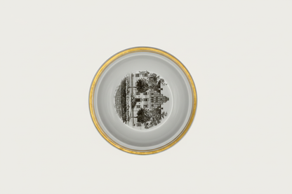 Royal Copenhagen plate overhead view showing Danish estate with trees and gold rim