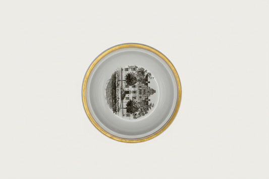 Royal Copenhagen plate overhead view showing Danish estate with trees and gold rim